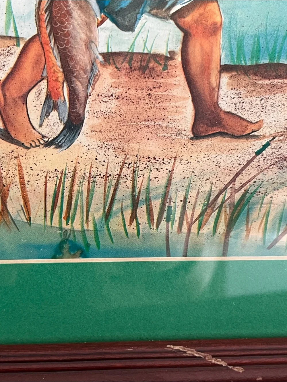 Black American Vintage Watercolor Painting Haitian Boy Catching Fish Artwork